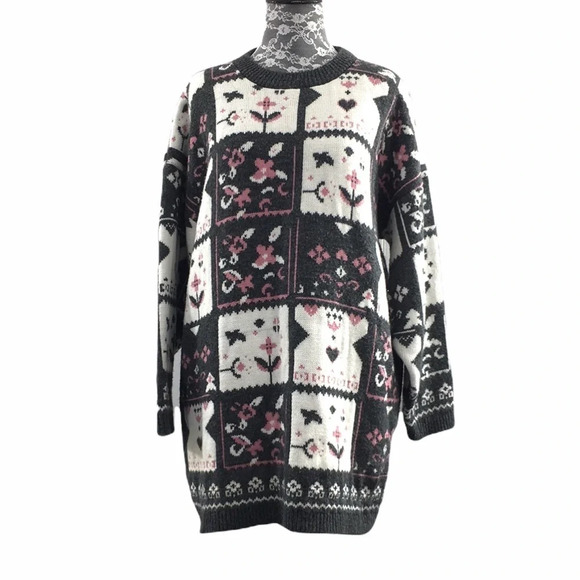 Kate Collins Vintage 80s 90s Gray White Floral‎ Knit Pullover Acrylic Sweater - Picture 1 of 10